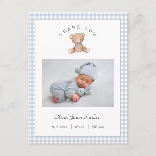 Teddy Bear Gingham Baby Boy Birth Announcement ポストカード (正面)
