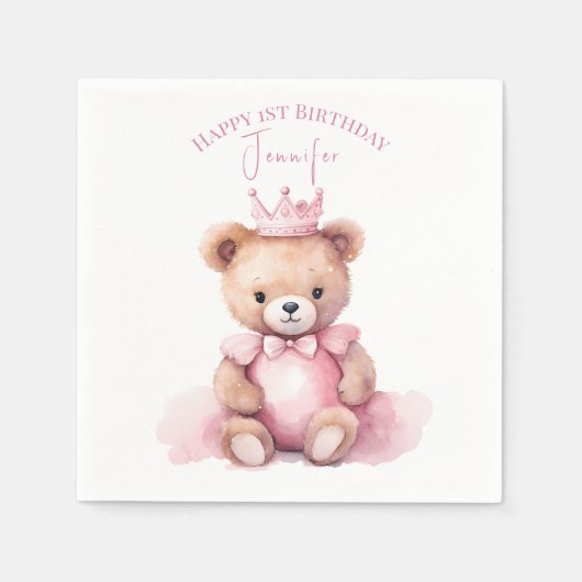 Teddy Bear Girl 1st Birthday Napkins Beary First スタンダードカクテルナプキン (正面)
