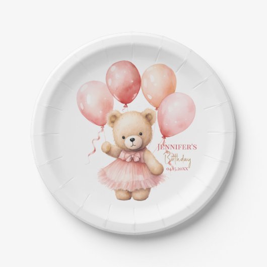 Teddy Bear Girl 1st Birthday Paper Plates  Beary  ペーパープレート (正面)