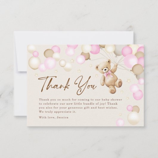 Teddy Bear Girl Baby Shower サンキューカード (正面)