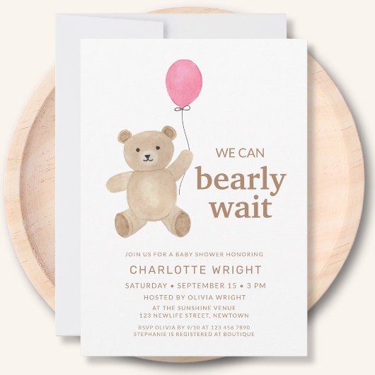 Teddy Bear Girl Baby Shower 招待状