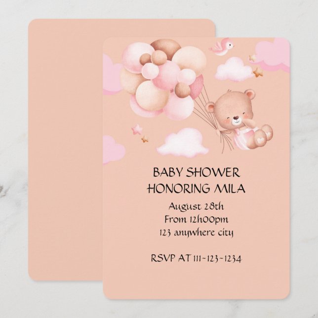 TEDDY BEAR GIRL BABY SHOWER INVITATION (正面/裏面)
