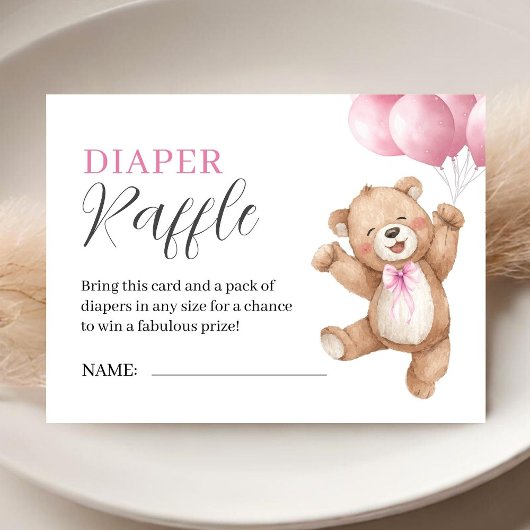 Teddy Bear Girl Baby Shower Pink Diaper Raffle エンクロージャーカード