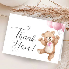 Teddy Bear Girl Baby Shower Pink Folded Thank You サンキューカード
