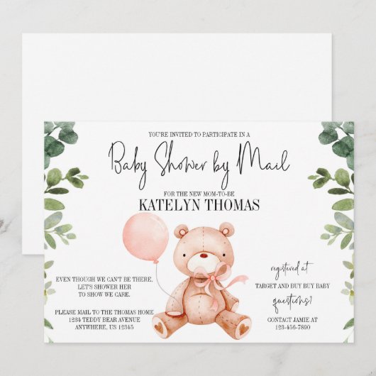 Teddy Bear Girl Greenery Baby Shower by Mail 招待状 (正面/裏面)
