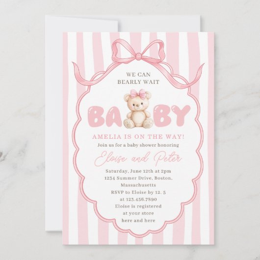 Teddy Bear Girls Pink Bow Baby Shower 招待状 (正面)