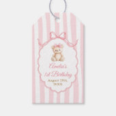Teddy Bear Girls Pink Bow Stripes 1st Birthday ギフトタグ (正面)