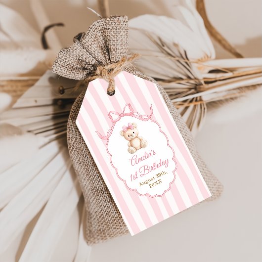Teddy Bear Girls Pink Bow Stripes 1st Birthday ギフトタグ