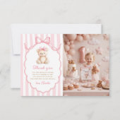Teddy Bear Girls Pink Bow Stripes 1st Birthday サンキューカード (正面)