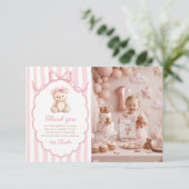 Teddy Bear Girls Pink Bow Stripes 1st Birthday サンキューカード (スタンド正面)