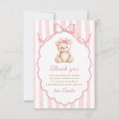 Teddy Bear Girls Pink Bow Stripes 1st Birthday サンキューカード (正面)