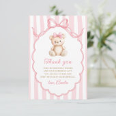 Teddy Bear Girls Pink Bow Stripes 1st Birthday サンキューカード (スタンド正面)