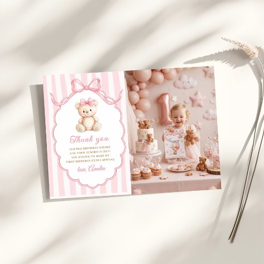 Teddy Bear Girls Pink Bow Stripes 1st Birthday サンキューカード