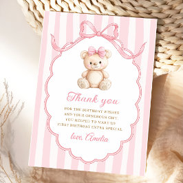 Teddy Bear Girls Pink Bow Stripes 1st Birthday サンキューカード