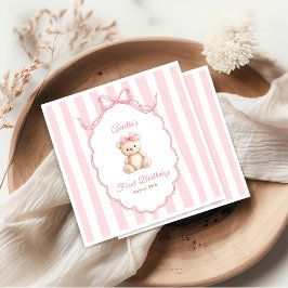 Teddy Bear Girls Pink Bow Stripes 1st Birthday スタンダードカクテルナプキン