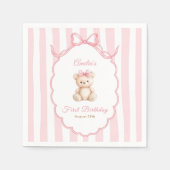 Teddy Bear Girls Pink Bow Stripes 1st Birthday スタンダードカクテルナプキン (正面)