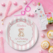 Teddy Bear Girls Pink Bow Stripes 1st Birthday ペーパープレート (パーティー)