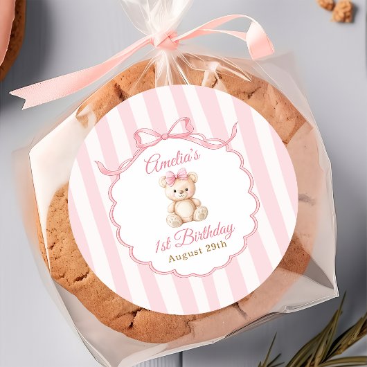 Teddy Bear Girls Pink Bow Stripes 1st Birthday ラウンドシール