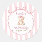 Teddy Bear Girls Pink Bow Stripes 1st Birthday ラウンドシール (正面)