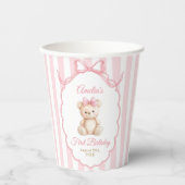 Teddy Bear Girls Pink Bow Stripes 1st Birthday 紙コップ (正面)