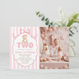 Teddy Bear Girls Pink Bow Stripes 2nd Birthday  招待状