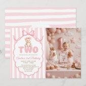 Teddy Bear Girls Pink Bow Stripes 2nd Birthday  招待状 (正面/裏面)