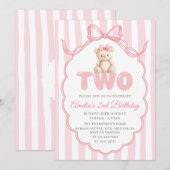 Teddy Bear Girls Pink Bow Stripes 2nd Birthday 招待状 (正面/裏面)