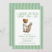 Teddy Bear Golf 1st Birthday Party Caddie Bear 招待状 (正面/裏面)