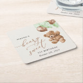 Teddy Bear, Green Balloons, First Birthday スクエアペーパーコースター (アングル)