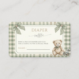 Teddy Bear Green Gingham Baby Shower Diaper Raffle エンクロージャーカード