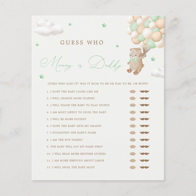 Teddy Bear Green MommyまたはDaddy Baby Showerゲーム (正面)