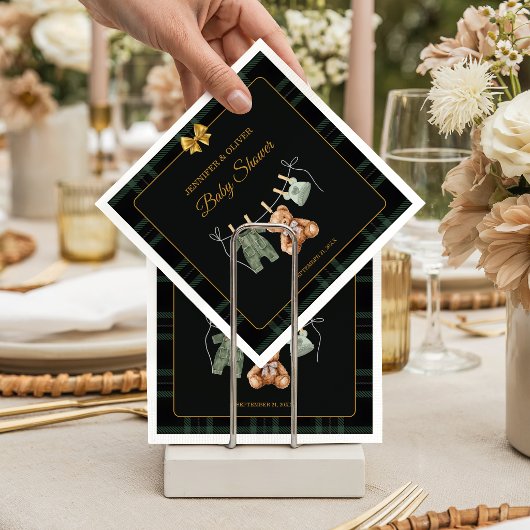 Teddy Bear Green Plaid Baby Shower スタンダードカクテルナプキン