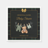 Teddy Bear Green Plaid Baby Shower スタンダードカクテルナプキン (正面)