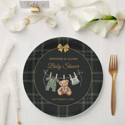 Teddy Bear Green Plaid Baby Shower ペーパープレート (ウェディング)