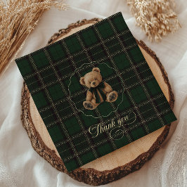 Teddy Bear Green Tartan Baby Shower  スタンダードカクテルナプキン