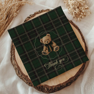 Teddy Bear Green Tartan Baby Shower スタンダードカクテルナプキン