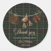 Teddy Bear Green Tartan Baby Shower ラウンドシール (正面)