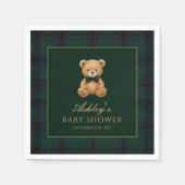 Teddy Bear Green Tartan Baby Shower Paper Napkin スタンダードカクテルナプキン (正面)