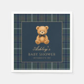 Teddy Bear Green Tartan Baby Shower Paper Napkin スタンダードカクテルナプキン (正面)