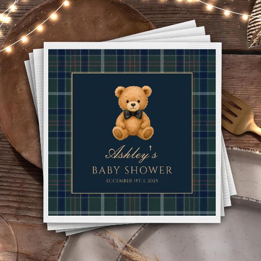 Teddy Bear Green Tartan Baby Shower Paper Napkin スタンダードカクテルナプキン