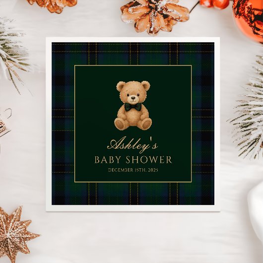 Teddy Bear Green Tartan Baby Shower Paper Napkin スタンダードカクテルナプキン