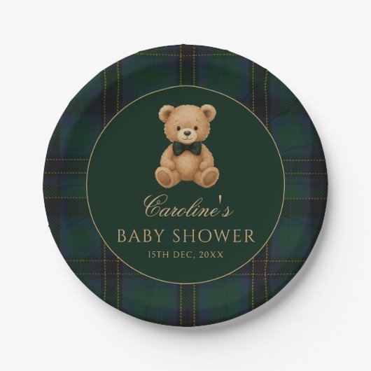 Teddy Bear Green Tartan Baby Shower Paper Plates ペーパープレート (正面)