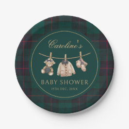 Teddy Bear Green Tartan Baby Shower Paper Plates ペーパープレート