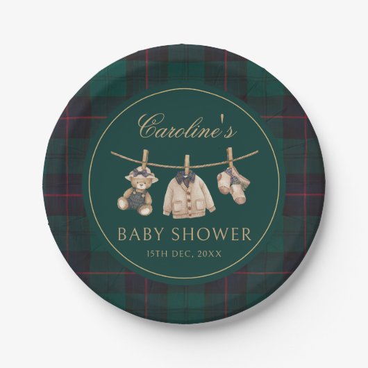 Teddy Bear Green Tartan Baby Shower Paper Plates ペーパープレート (正面)