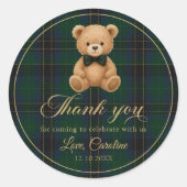 Teddy Bear Green Tartan Baby Shower Sticker ラウンドシール (正面)