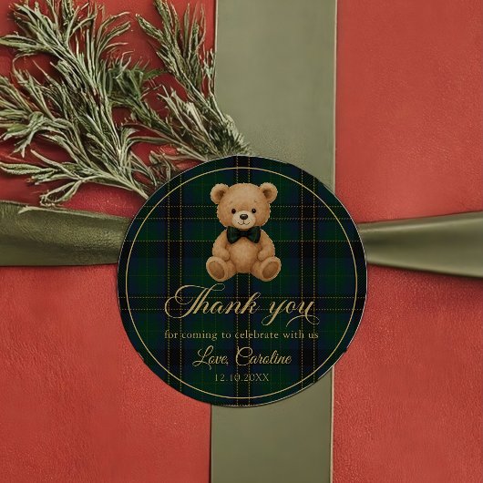 Teddy Bear Green Tartan Baby Shower Sticker ラウンドシール