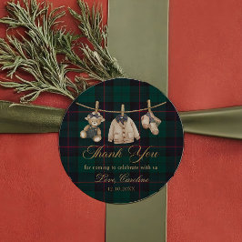 Teddy Bear Green Tartan Baby Shower Sticker ラウンドシール