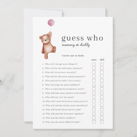 Teddy Bear Guess Who Girl Baby Shower Game 招待状 (正面)
