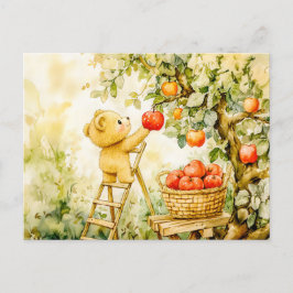 Teddy Bear Harvesting Apples with Ladder ポストカード