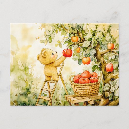 Teddy Bear Harvesting Apples with Ladder ポストカード (正面)